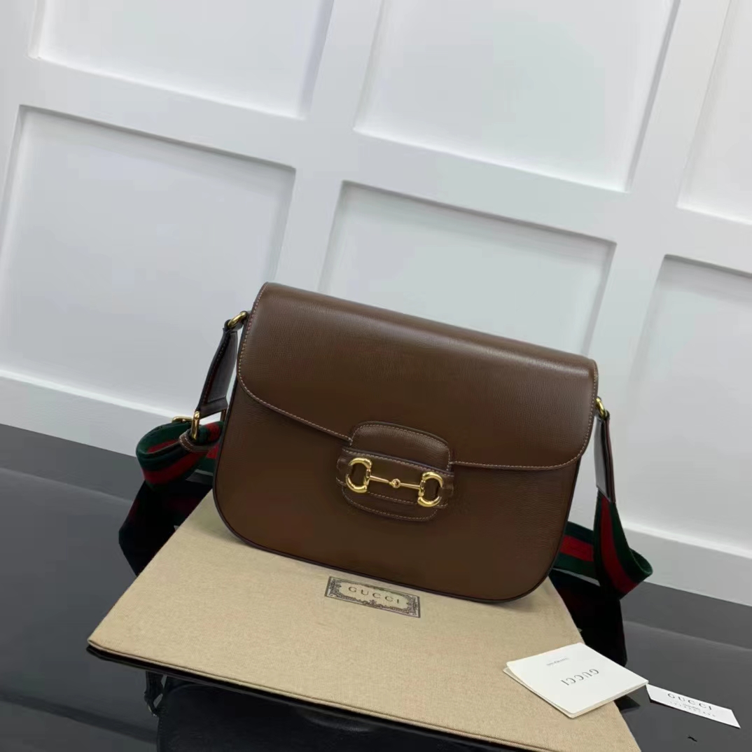 Gucci GG Unisex Horsebit 1955 Shoulder Bag Brown Leather Green Red Web