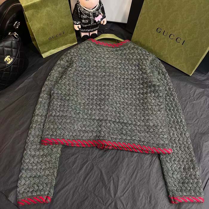 Gucci Women GG Cable Knit Wool Jacket Dark Green Collarless Wool Cotton