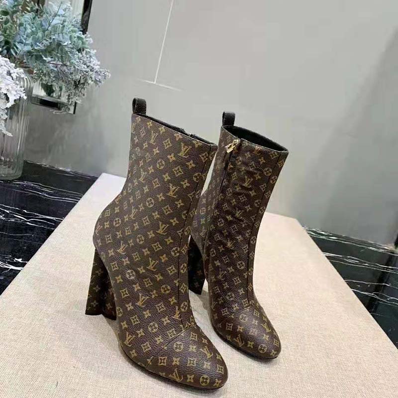 Louis Vuitton LV Women LV Silhouette Ankle Boot in Patent Monogram Canvas-Brown