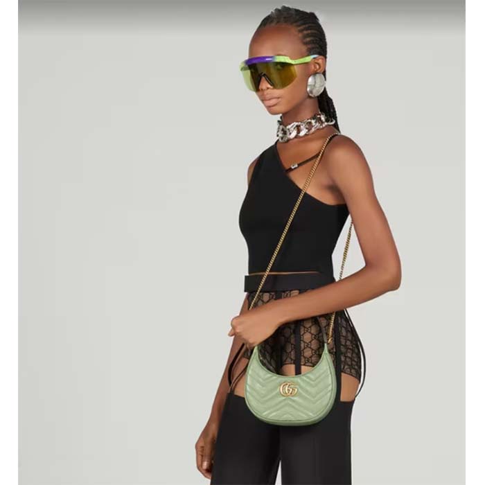 Gucci Women GG Marmont Matelassé Mini Bag Sage Green Chevron Leather