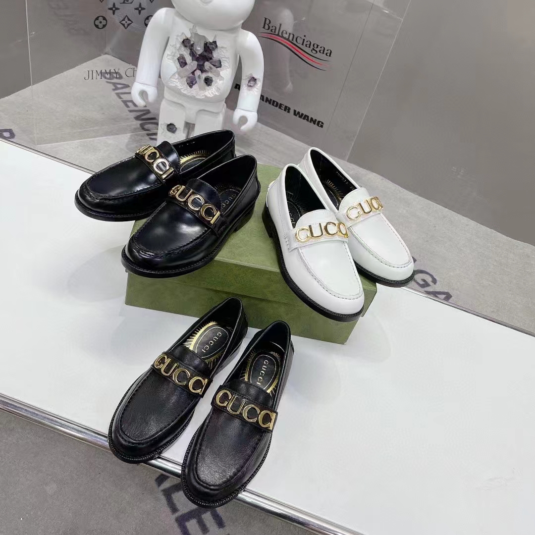 Gucci Women GG Leather Loafer Black Metal Logo Metallic Sunray Print Low Heel