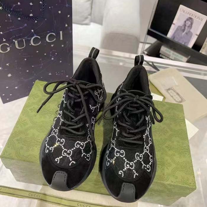 Gucci Unisex GG Gucci Run GG Crystal Mesh Sneaker Black Suede Mid 6 CM Heel