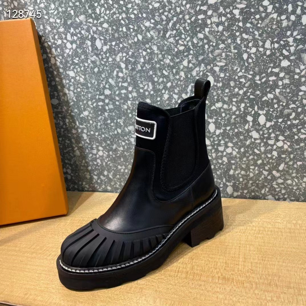 Louis Vuitton Women Shoes LV Ruby Flat Ankle Boot Black Rubberized Calf Leather