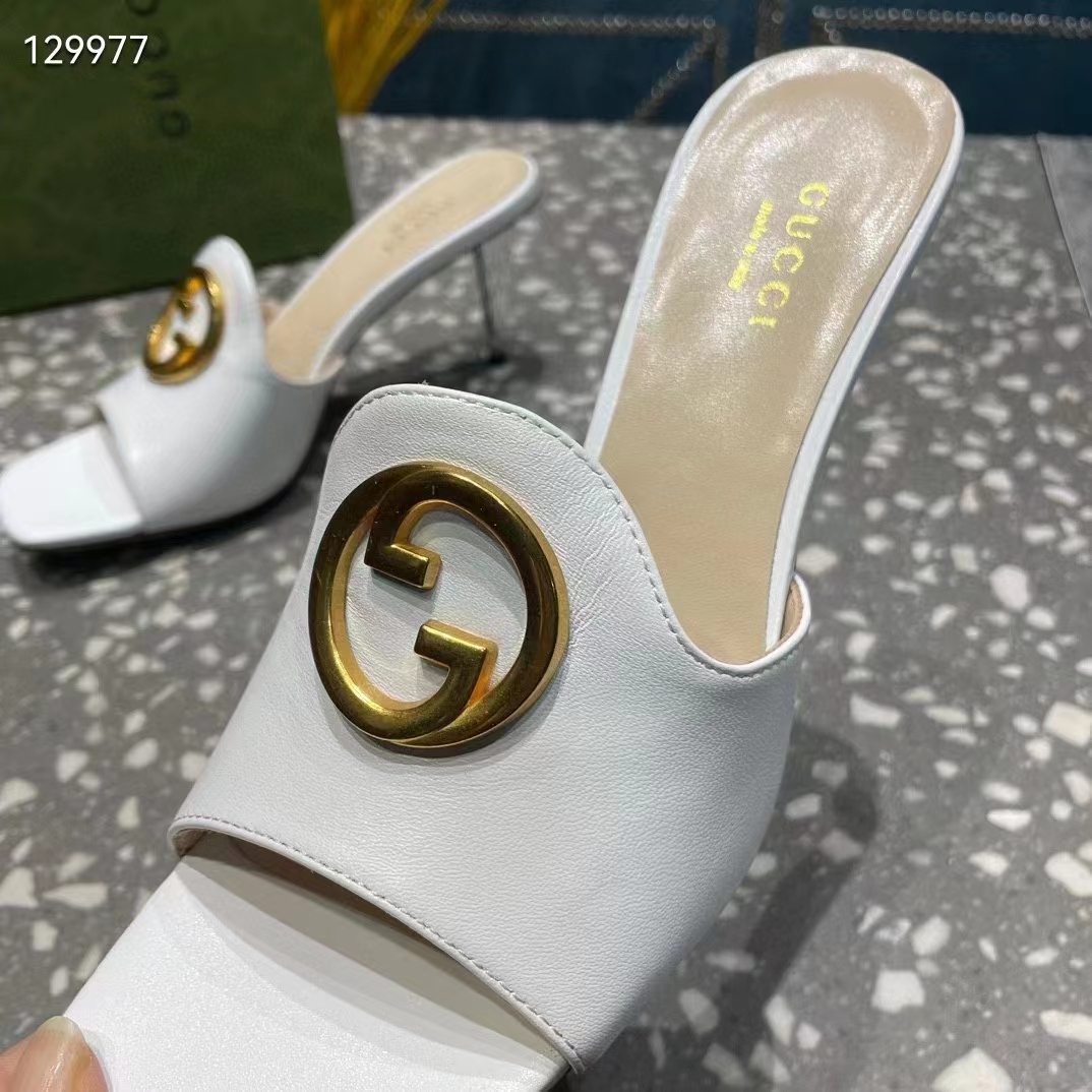 Gucci Women GG Blondie Slide Sandal White Leather Metallic Mid Heel 6.6 Cm Heel