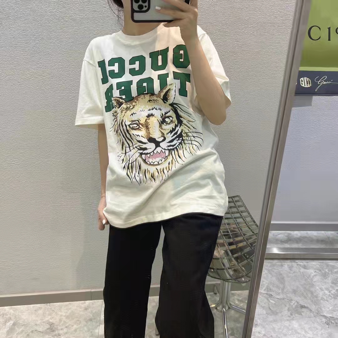 Gucci Women GG Tiger Cotton T-Shirt White Jersey Tiger Head Crewneck