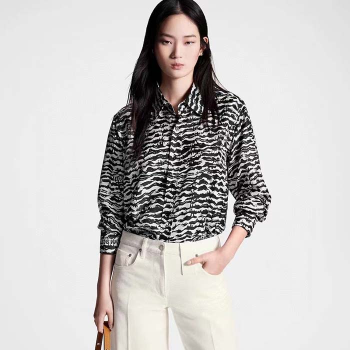 Louis Vuitton Women LV Ink Tiger Silk Shirt Silk Black White Regular Fit
