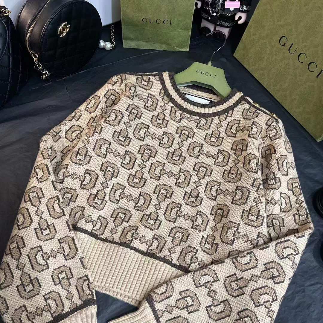 Gucci Men GG Horsebit Cashmere Jacquard Sweater Camel Brown Wool Crewneck