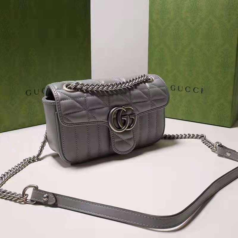 Gucci Women GG Marmont Small Shoulder Bag Grey Matelassé Leather Double G