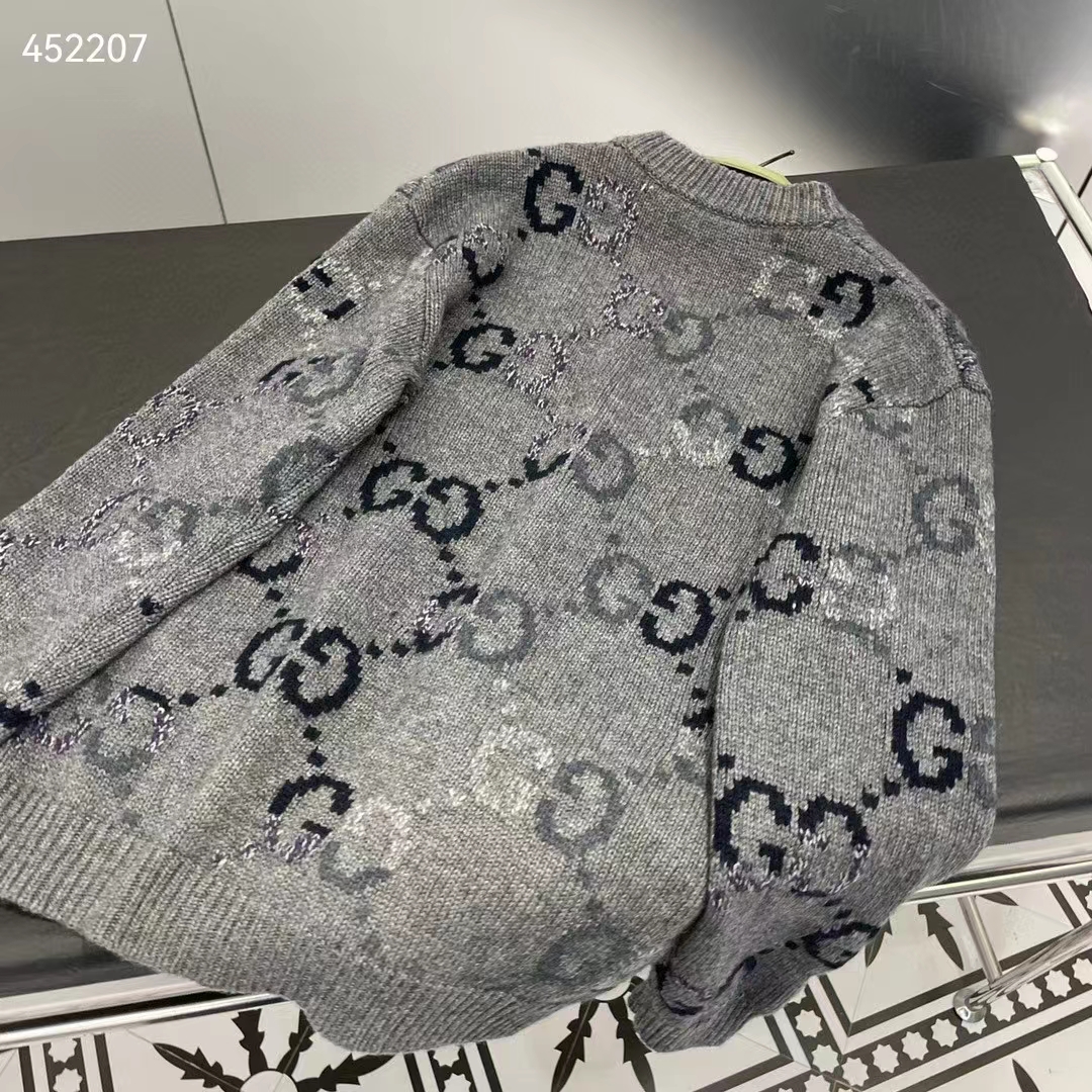 Gucci Women Wool Cardigan GG Intarsia Grey Allover V-Neck Dropped Shoulder Long Sleeves Style ‎770507 XKDSJ 1128