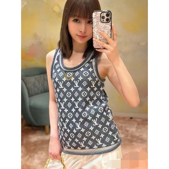 Louis Vuitton Women LV Monogram Jacquard Tank Top Wool Cotton Grey Blue Regular Fit