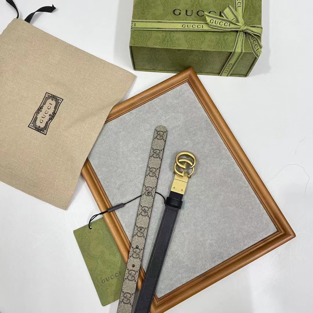 Gucci Unisex Marmont Reversible Thin Belt Black Beige Ebony GG Supreme Canvas