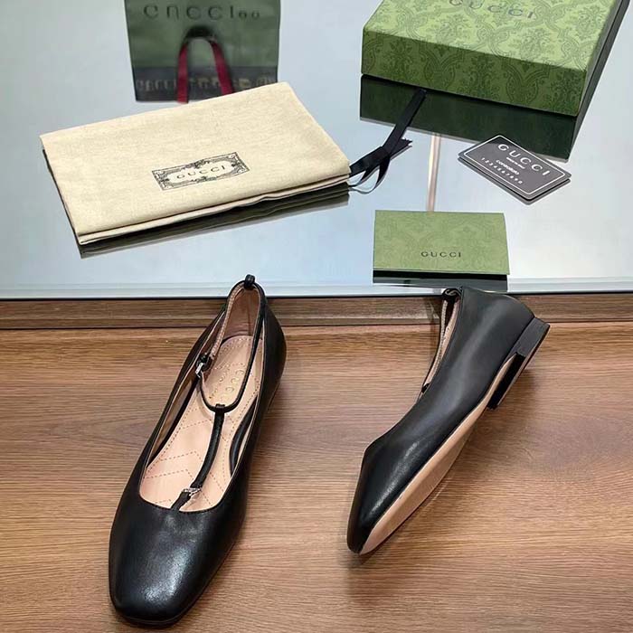 Gucci Women GG Ballet Flat Double G Black Leather Sole Flat 1 Cm Heel