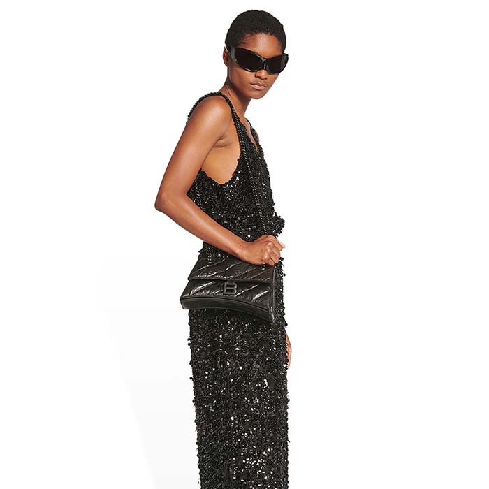 Balenciaga Women Crush Small Chain Bag Quilted Black Crushed Calfskin Black Matte Hardware