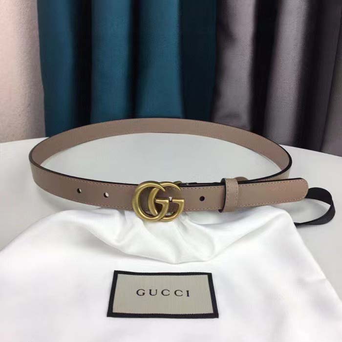 Gucci Unisex GG Thin Belt Double G Buckle Tan Leather 2 CM Width