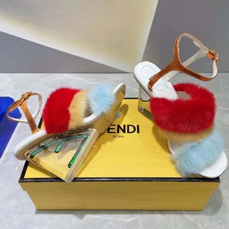 Fendi Women FF First Light Blue Mink High-Heeled Slingbacks 9.5 cm Heel