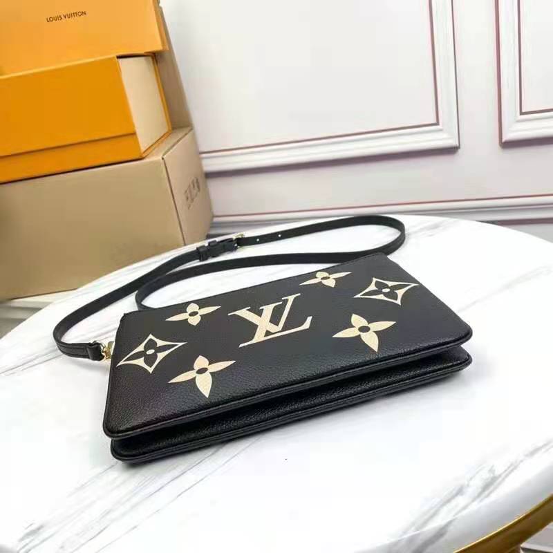 Louis Vuitton LV Unisex Double Zip Pochette Black Beige Embossed Supple Grained Cowhide Leather