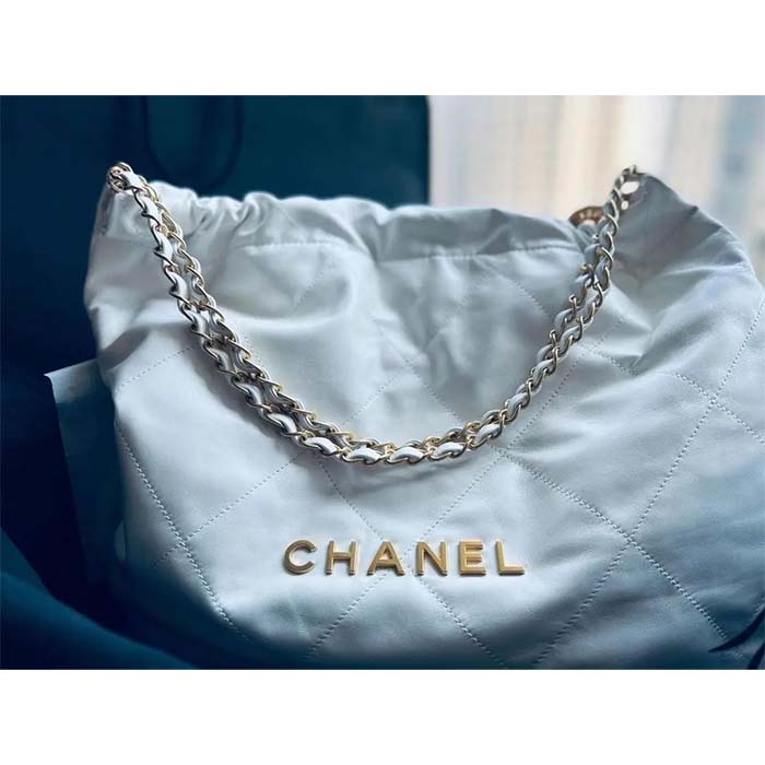 Chanel Women CC 22 Handbag Shiny Calfskin Gold-Tone Metal Blue Leather