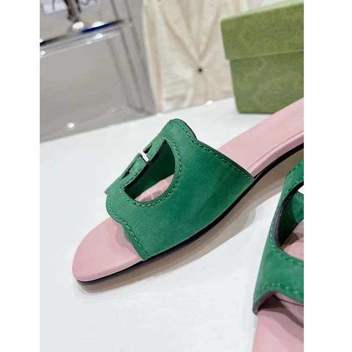 Gucci Unisex Interlocking G Cut-Out Slide Sandal Green Pink Suede Flat