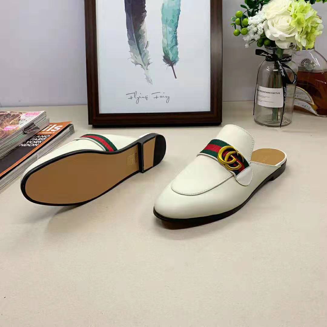 Gucci Women Leather Loafer with GG Web-White