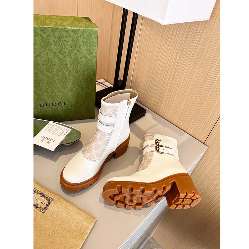 Gucci Women GG Ankle Boot Buckles White Leather Rubber Sole Mid-Heel