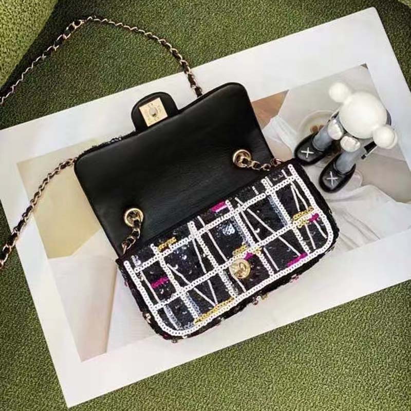 Chanel Women CC Classic Handbag Embroidered Satin Sequins Gold-Tone Metal