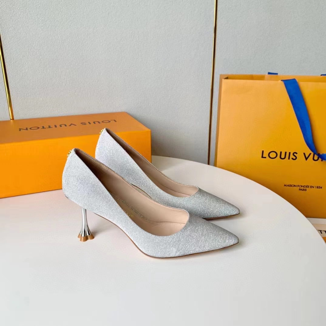 Louis Vuitton LV Women Blossom Pump Silver Textile Leather 9.5 CM Monogram Flower Heel