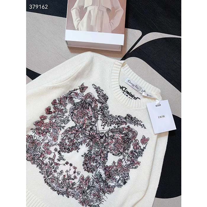 Dior Men CD Embroidered Sweater Ecru Cashmere Knit Pastel Pink Butterfly Around The World Motif