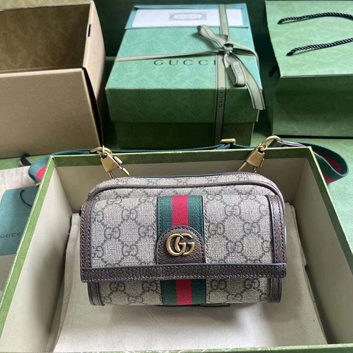 Gucci Unisex Ophidia GG Mini Bag Double G Beige Ebony GG Supreme Canvas