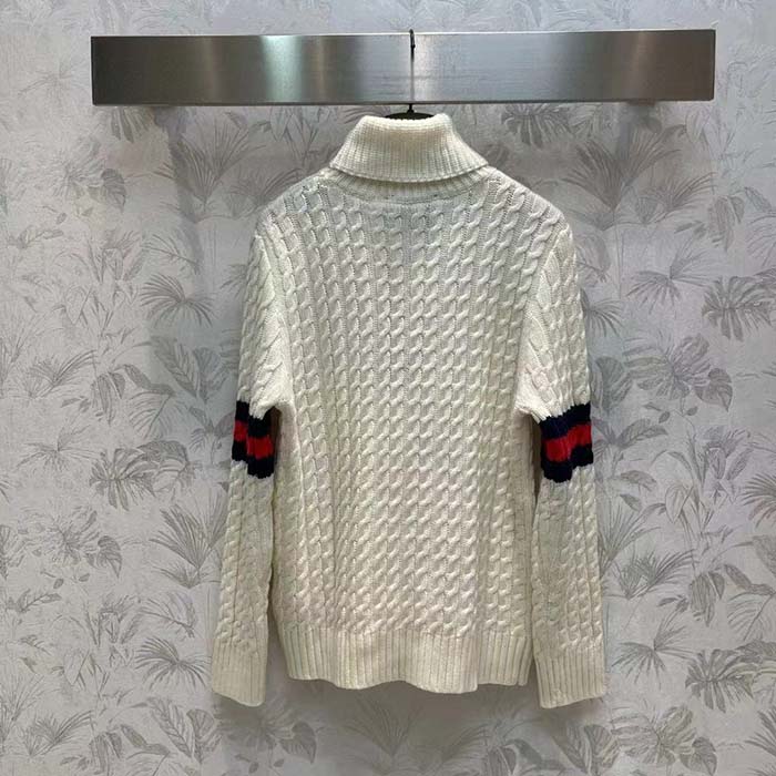 Gucci GG Men Cable Knit Wool Cashmere Sweater Ivory Blue Red Web Turtleneck Long Sleeves