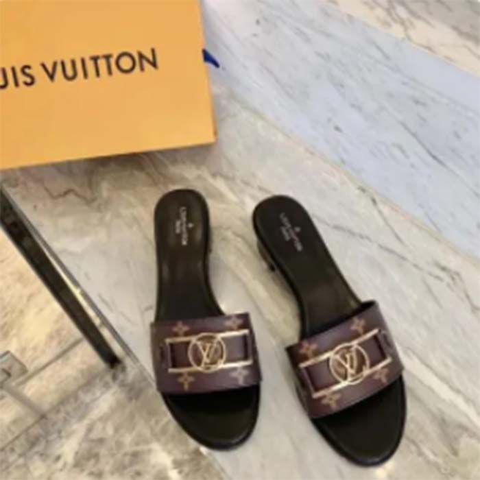 Louis Vuitton LV Women Lock It Flat Mule Brown Patent Monogram Canvas Leather