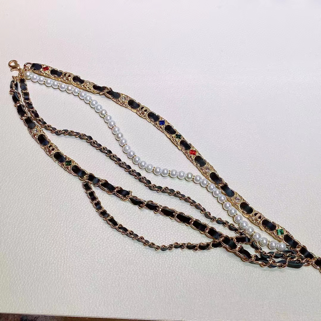 Chanel Women CC Chain Belt Gold Metal Resin Glass Pearls Strass Muticolor Diamonds Black Calfskin Leather