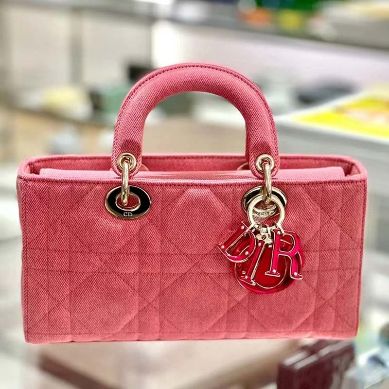 Dior Women Lady D-Joy Bag Bright Pink Cannage Denim