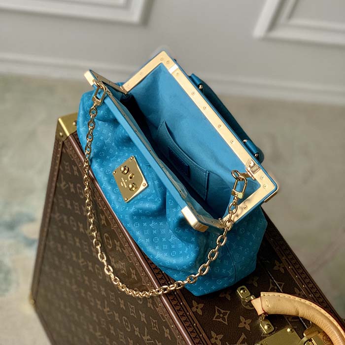 Louis Vuitton LV Women Monogram Clutch Blue Calfskin Leather S-Lock