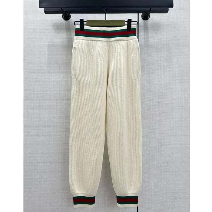 Gucci Women GG Rib Wool Pant Web Elastic Waist Drawstring Elastic Leg Cuffs