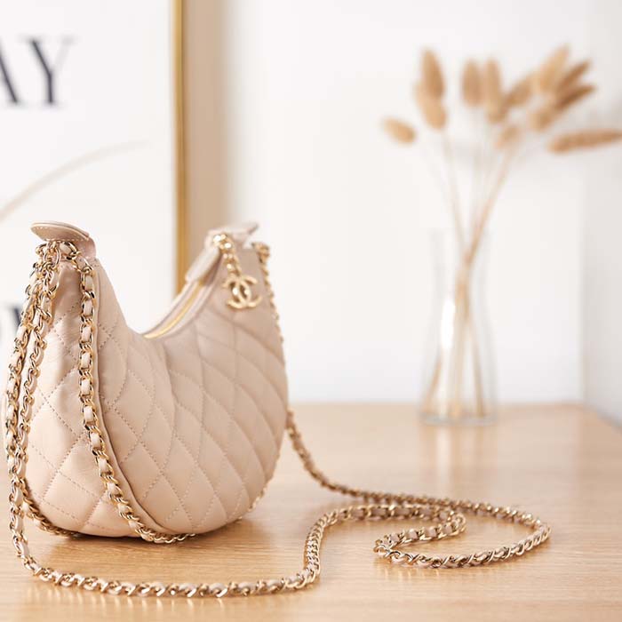 Chanel Women CC Small Hobo Bag Lambskin Shiny Light Gold Metal Ecru