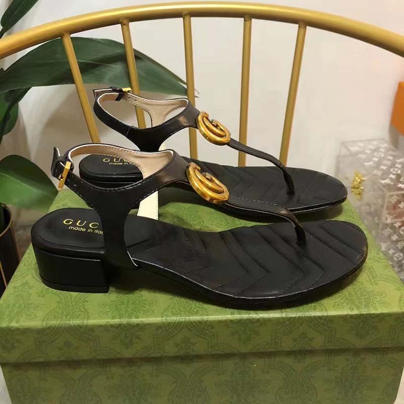 Gucci Women Double G Sandal Black Leather Double G 4.6 cm Heel