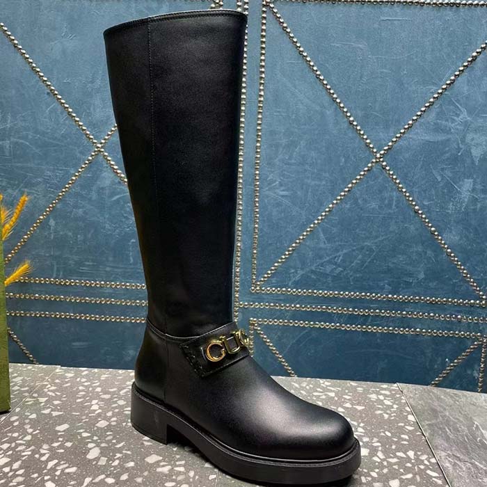 Gucci Women GG Gucci Boot Black Leather Rubber Sole Side Zip Closure Flat 2.3 CM Heel