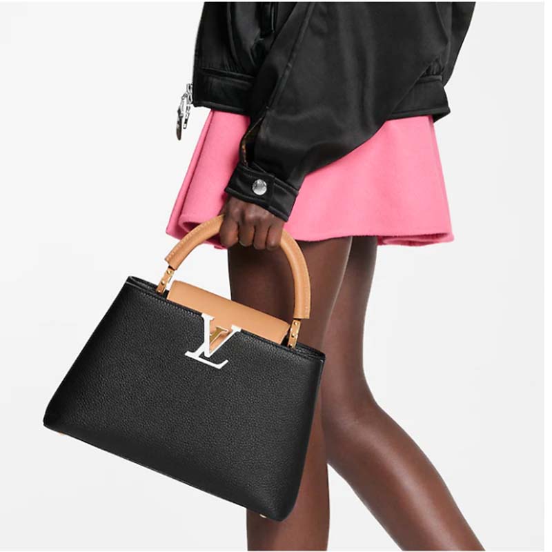 Louis Vuitton LV Women Capucines MM Handbag Black Gold Arizona Taurillon Cowhide
