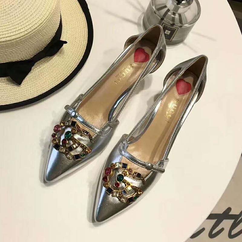 Gucci Women Shoes Metallic Leather Pump with Crystal Double G 50mm Heel-Silver