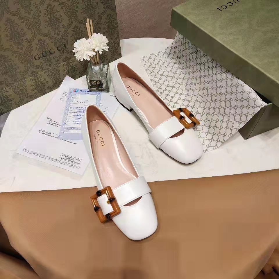 Gucci Women’s GG Ballet Flat Bamboo Buckle White Leather Round Toe Chunky Heel