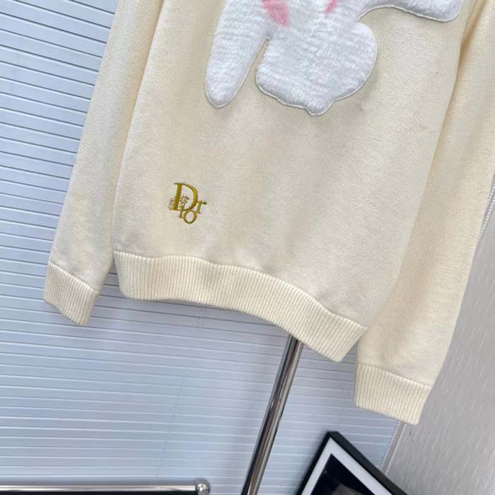 Dior Men CD By Erl Sweater Rabbit Patch Beige Cotton-Blend Jersey Round Neck