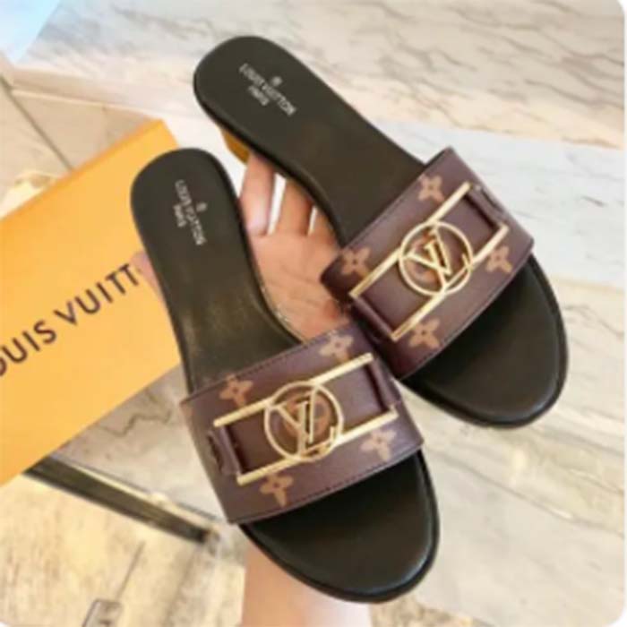 Louis Vuitton LV Women Lock It Flat Mule Brown Patent Monogram Canvas Leather