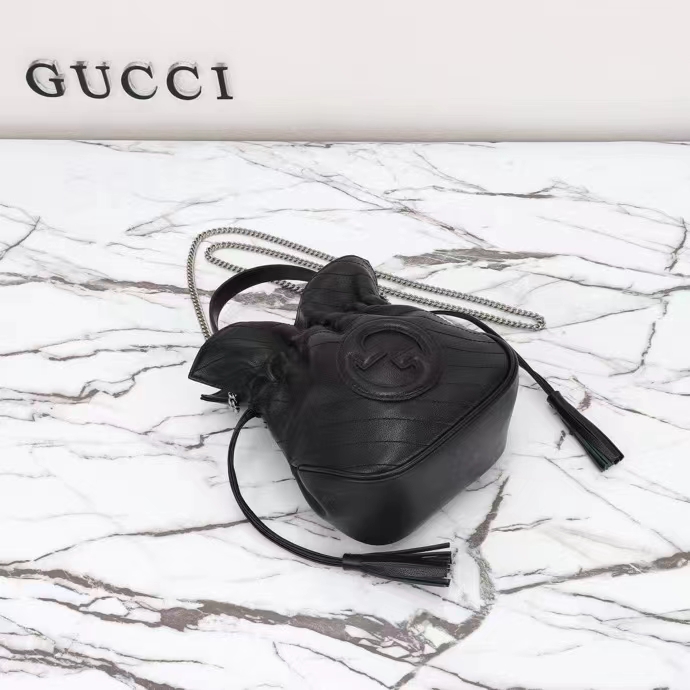 Gucci Women GG Blondie Mini Bucket Bag Black Leather Round Interlocking G