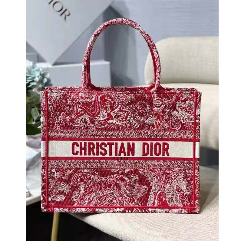 Dior Unisex Medium Book Tote Burgundy Toile De Jouy Stripes Embroidery