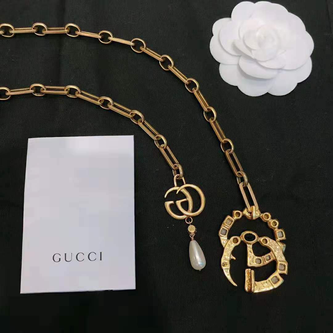 Gucci Women Chain Belt with Crystal Double G Buckle in Gold-Toned Chain