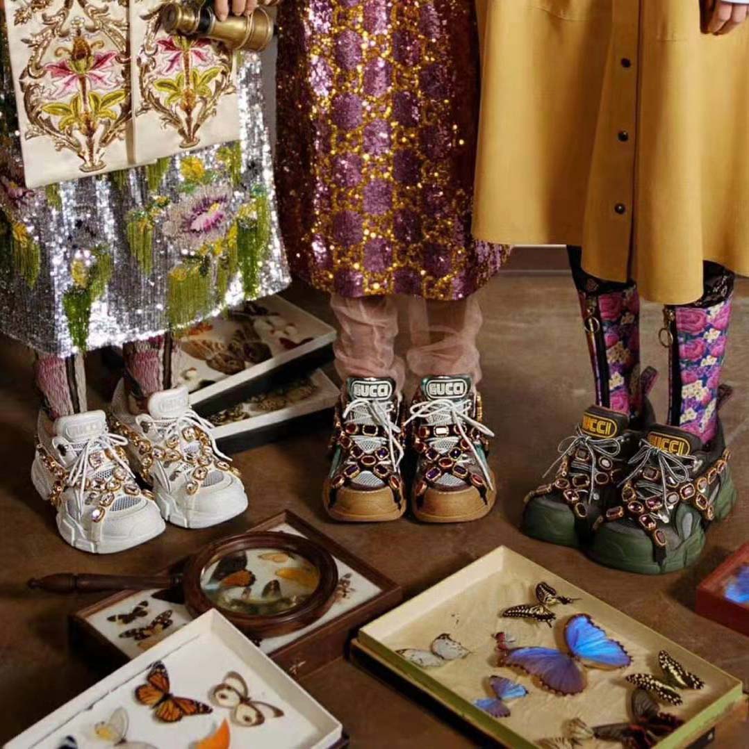 Gucci Women Flashtrek Sneaker with Removable Crystals 5.6cm Height-Gold