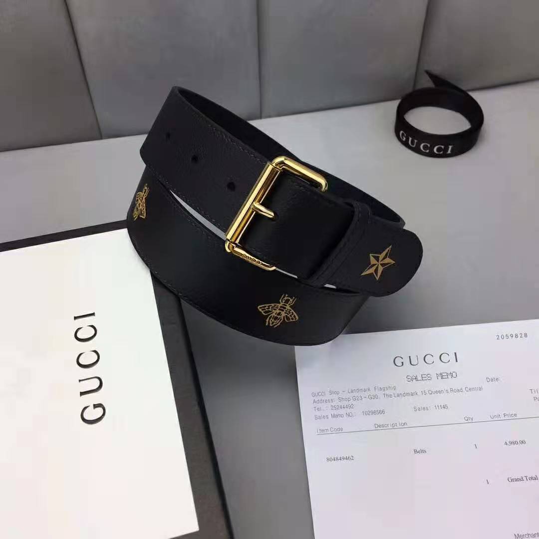 Gucci Unisex Belt with Bees and Stars Bet in Black Metal-Free Tanned Leather