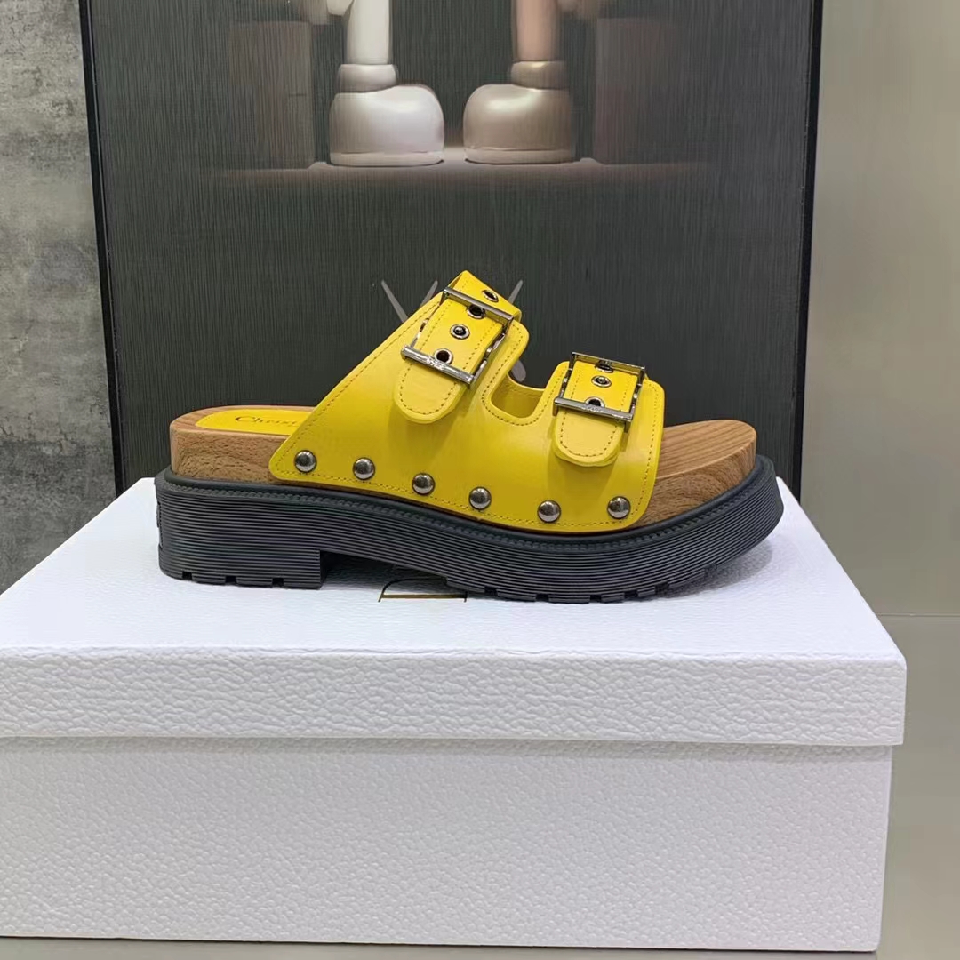 Dior Women Shoes CD Diorquake Strap Sandal Yellow Calfskin Wooden Insole