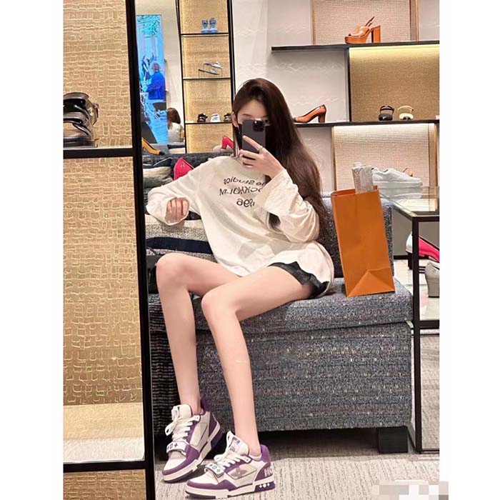 Louis Vuitton LV Unisex LV Trainer Sneaker Purple Monogram Denim Rubber Outsole