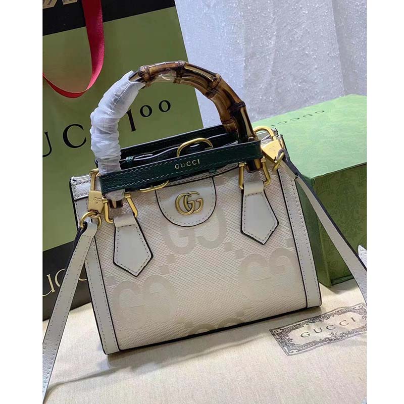 Gucci Women Diana Jumbo GG Mini Tote Bag Off-White Ivory Jumbo Canvas